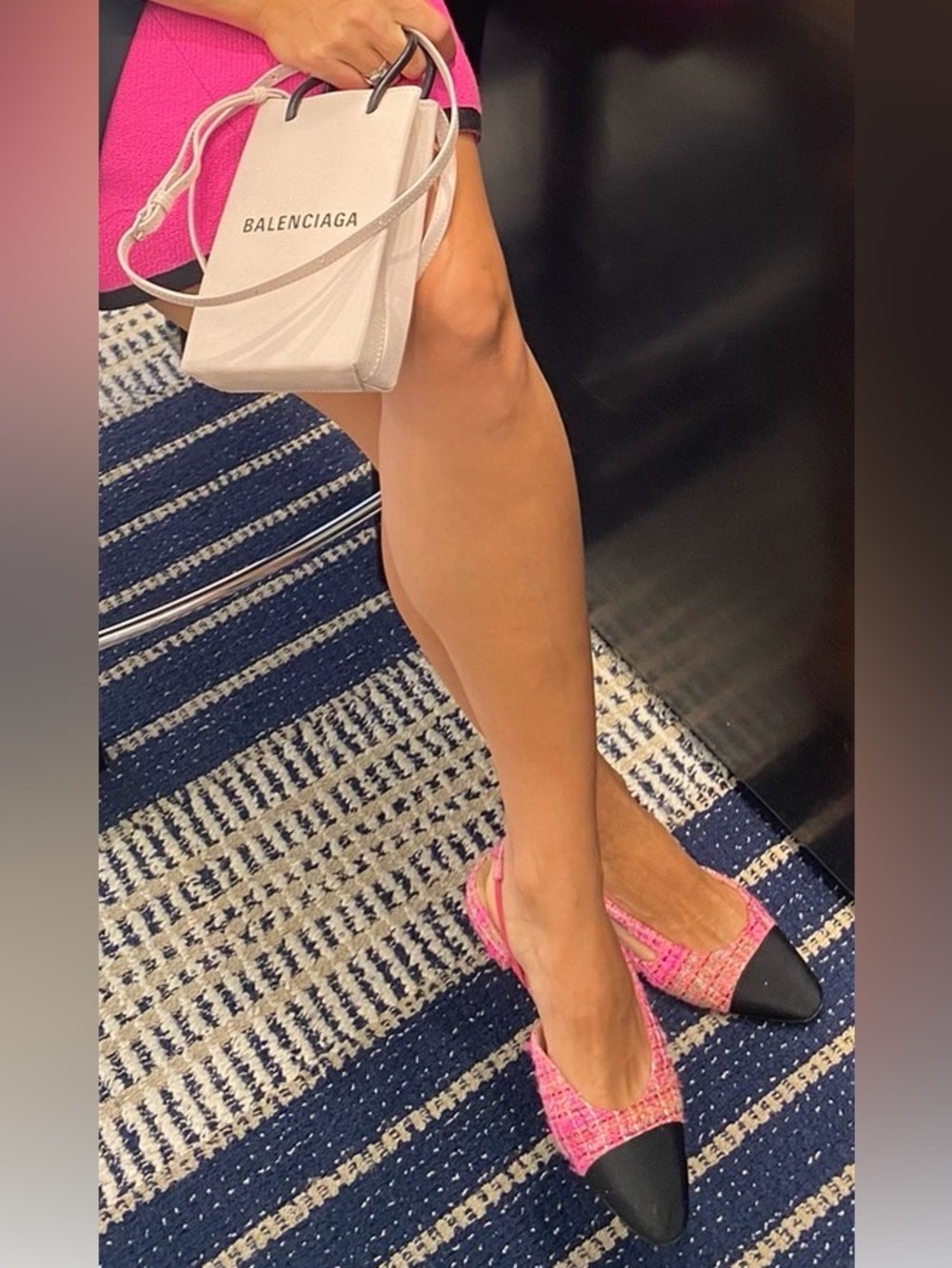 CHANEL Pink Tweed Slingback Flats with Black Cap Toe